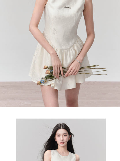 Jacquard Plum Blossom Pattern Lustrous Sleeveless Mini Dress