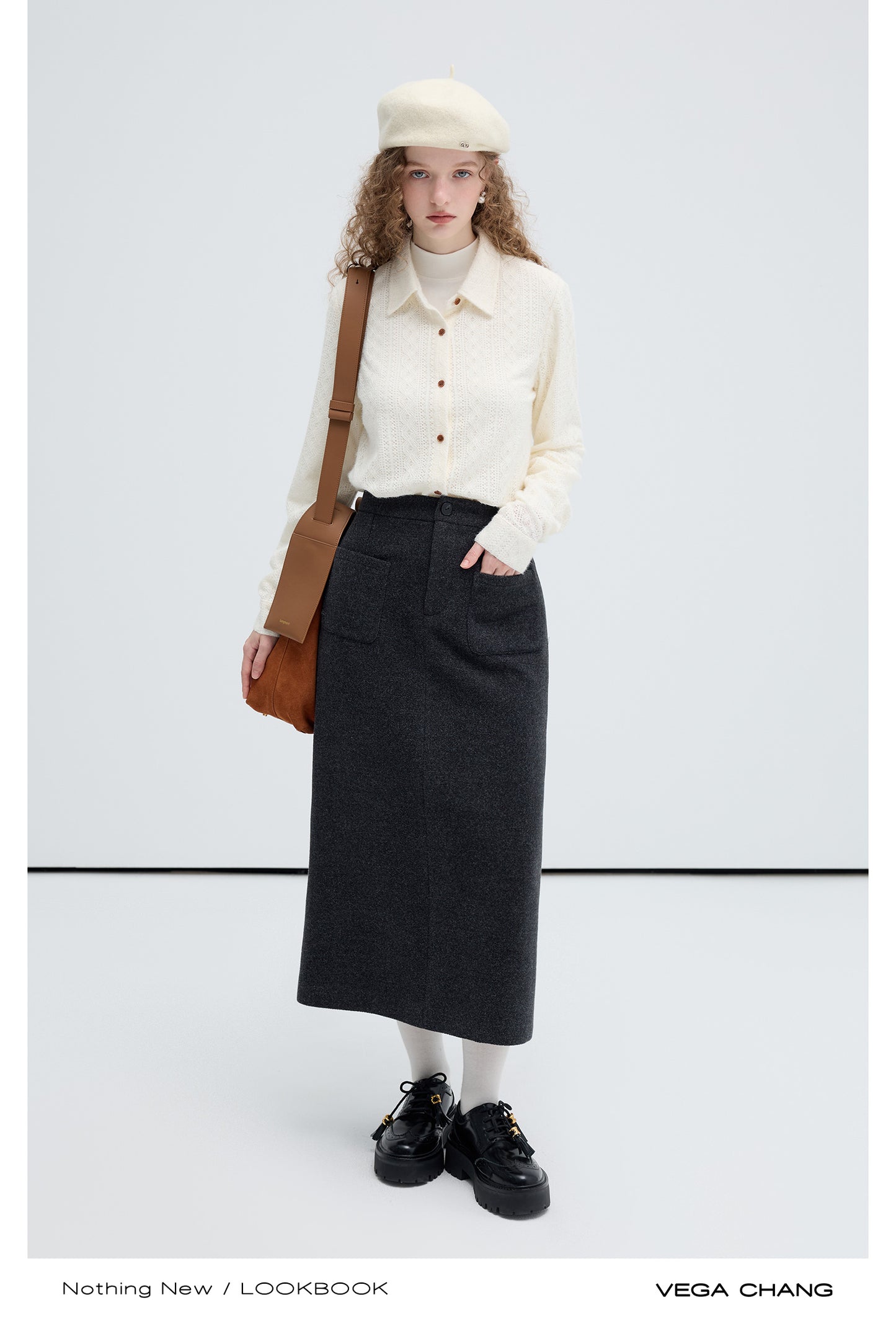 Wool Blend High Waist Pocketed Straight Long Skirt