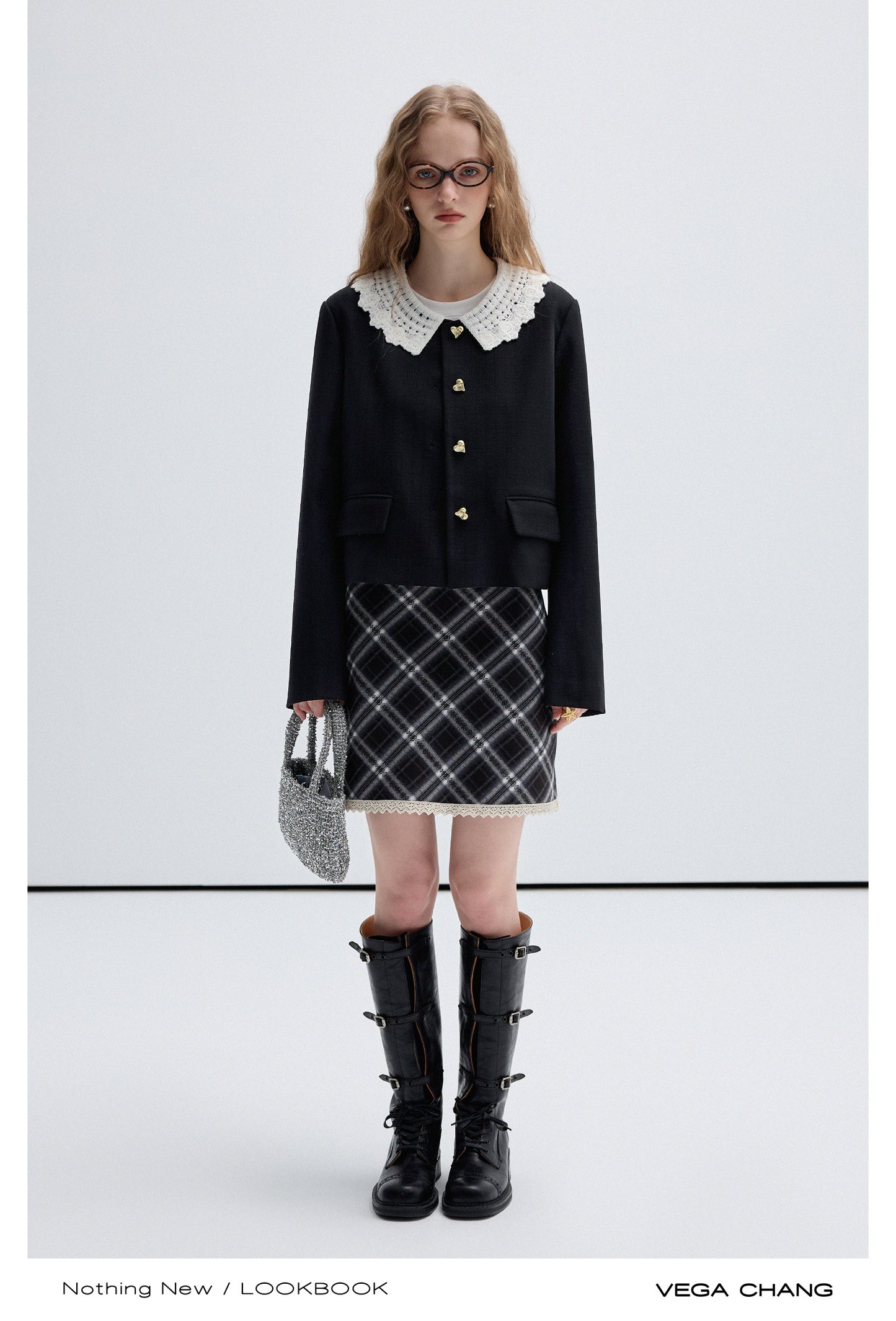 Heart Button Lace Collar Jacket, Bias Plaid Skirt