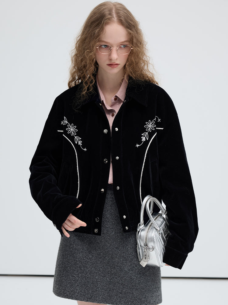 Flower Embroidered Velvet Buttoned Jacket