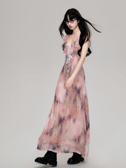 Smudge Print Wood Ear Edge V-Neck Mesh Long Dress