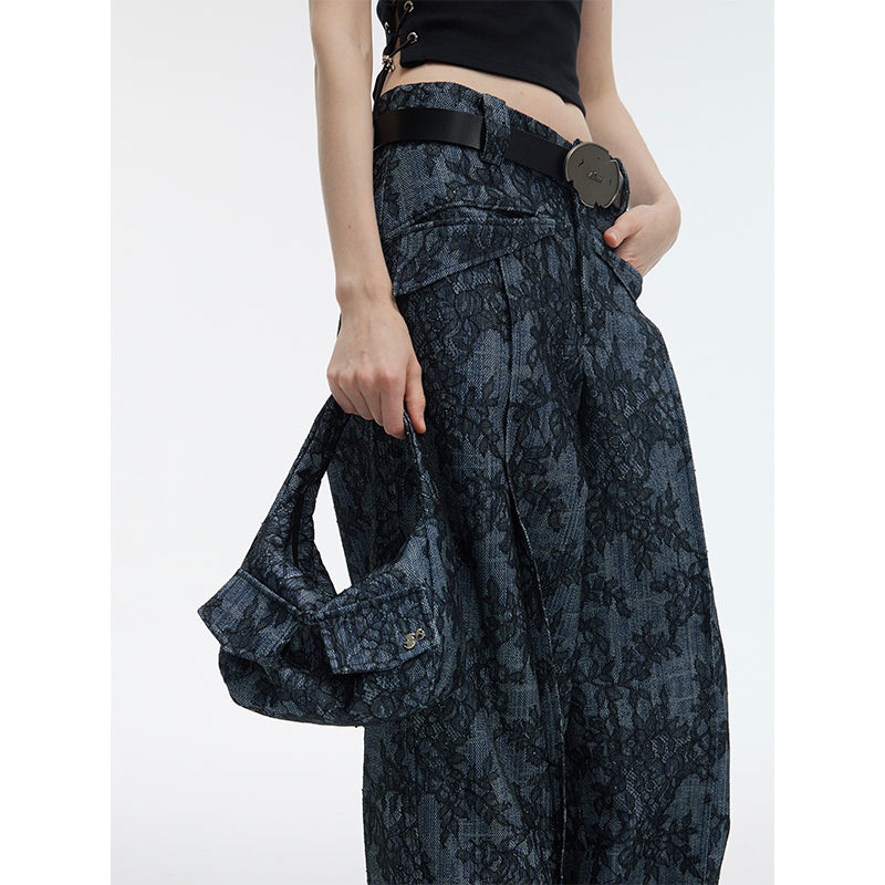 Low Waist Patterned Lace Pintuck Wide Leg Jeans