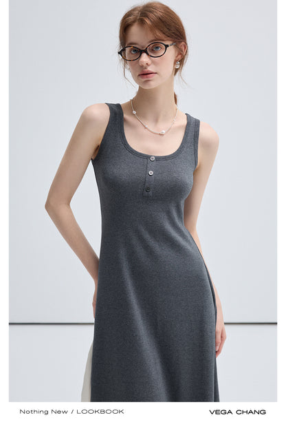 Simple Casual Henley Neck Sleeveless Long Dress