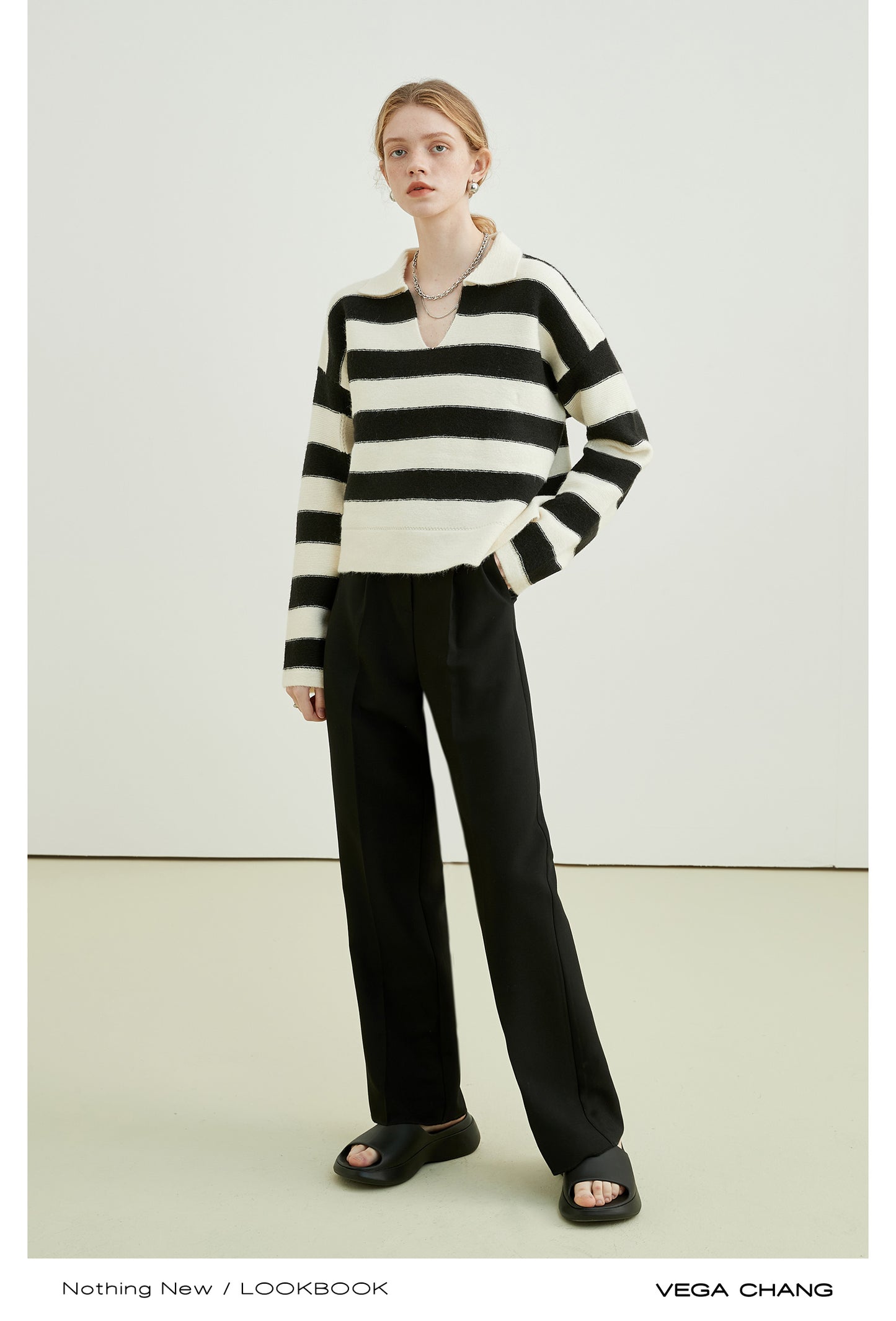 Polo Collar Open V-Neck Striped Sweater