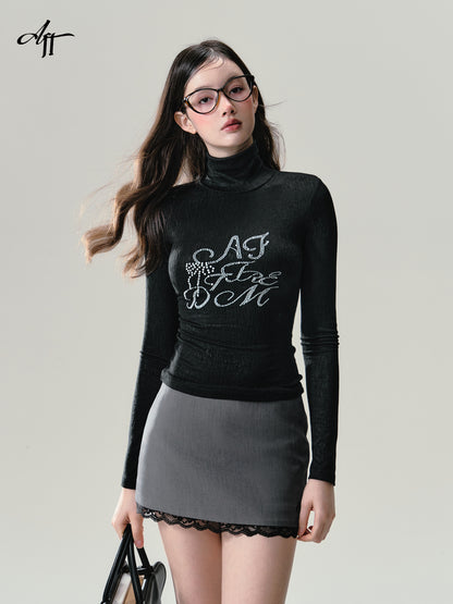 Fitted Textured Turtle Neck Letter Top