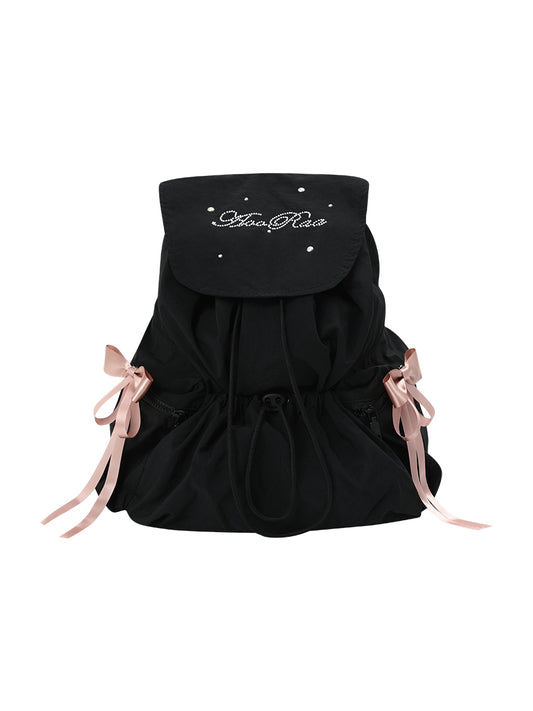 Drawstring Backpack With Decorative Satin Ribbons