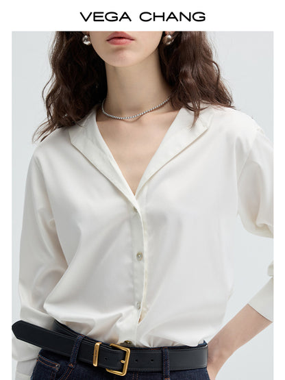 Open Collar V-Neck Cotton Woven Shirt