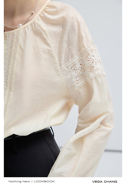 Lace Patchwork Collarless Pin Tuck Blouse