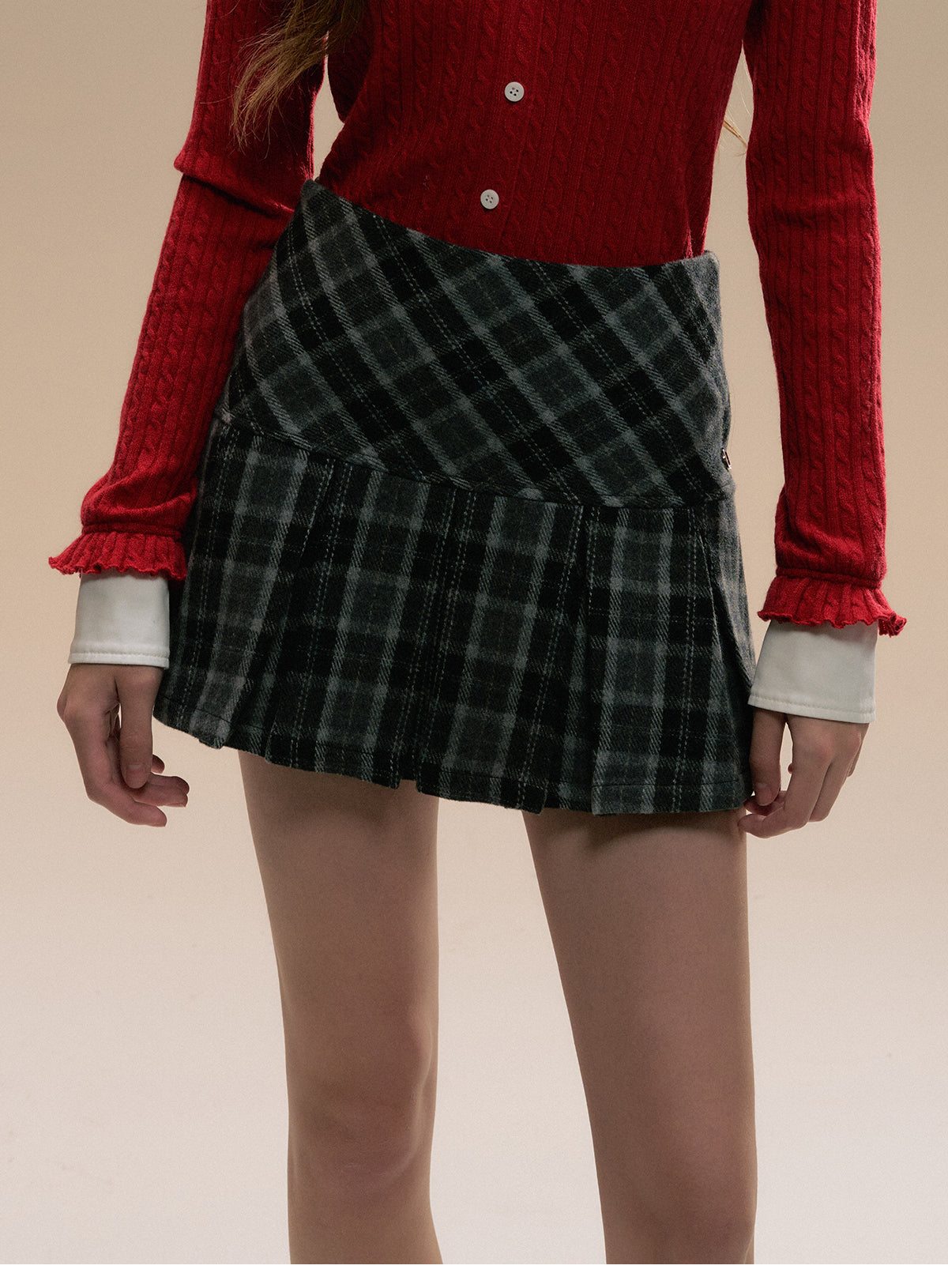 Letter Embroidered Plaid Wool-Blend Pleated Skirt