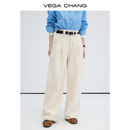 High Waist Wide Leg Double Pleated Cotton Slacks