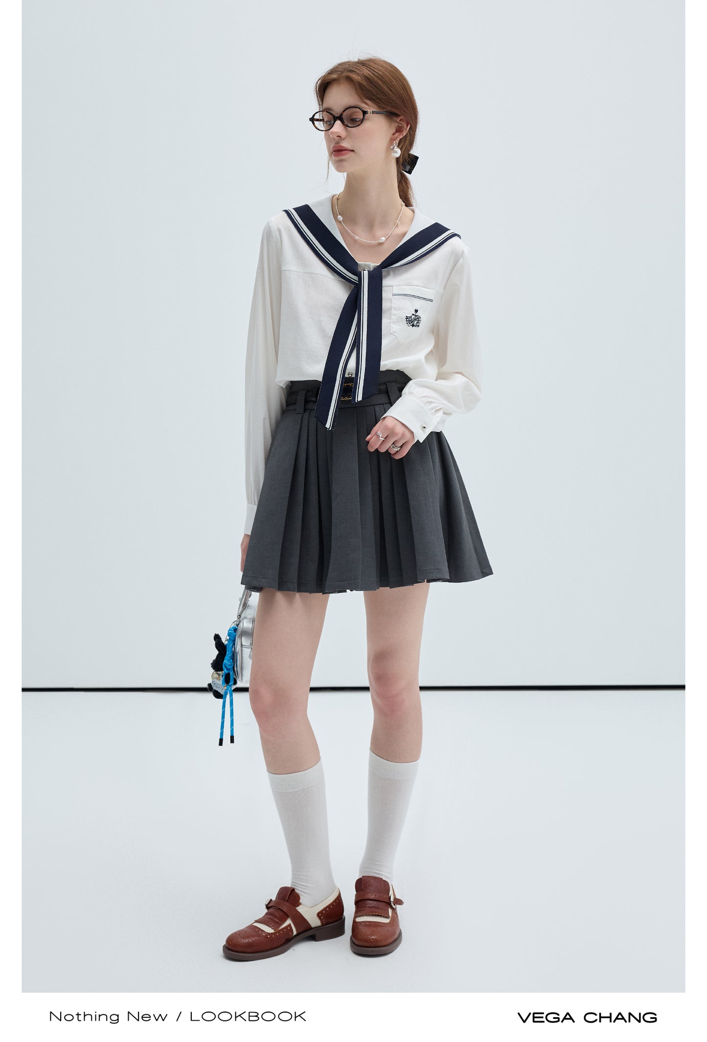 Emblem Embroidered Sailor Collar Tie Neck Shirt