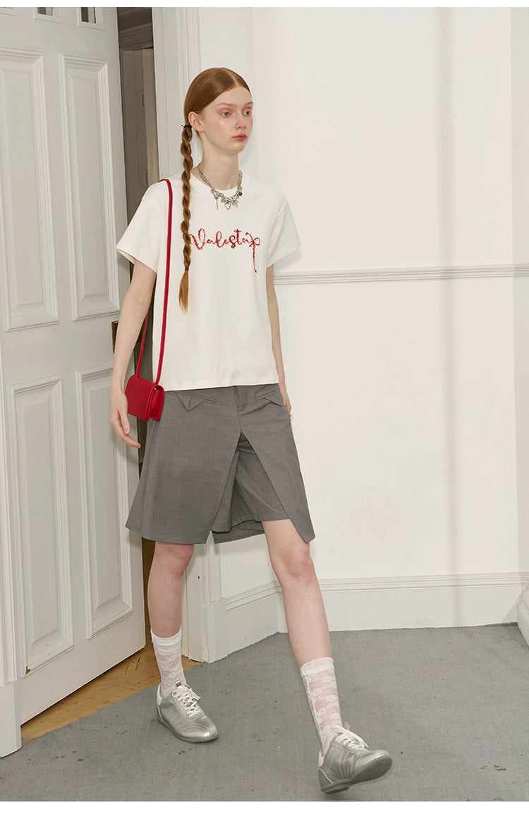 Contrast Letter Embroidery Cotton T-Shirt