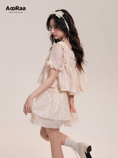 Floral Shirred Blouse And Short Eyelet Lace Skirt