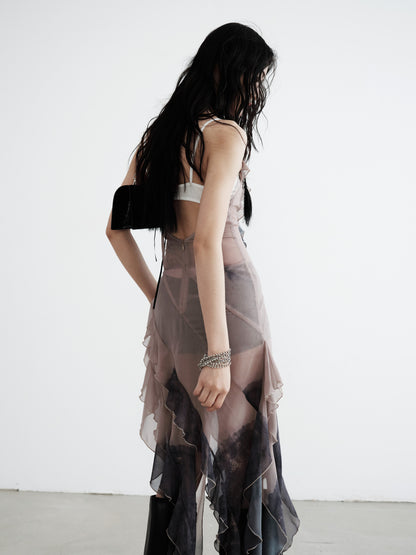 Asymmetric Smudge Print Sheer Chiffon Dress