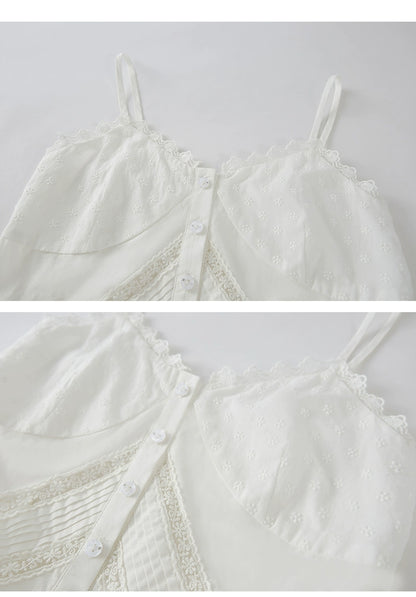 Button Down Lace Cotton Camisole Top With Round Hem