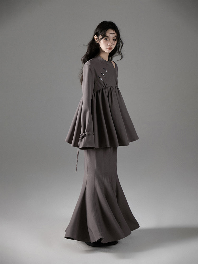 Qipao Style Twill Draped Top And Fishtail Skirt