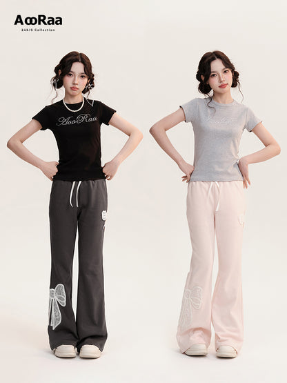 Large Lace Bow Patched Flare Sweatpants