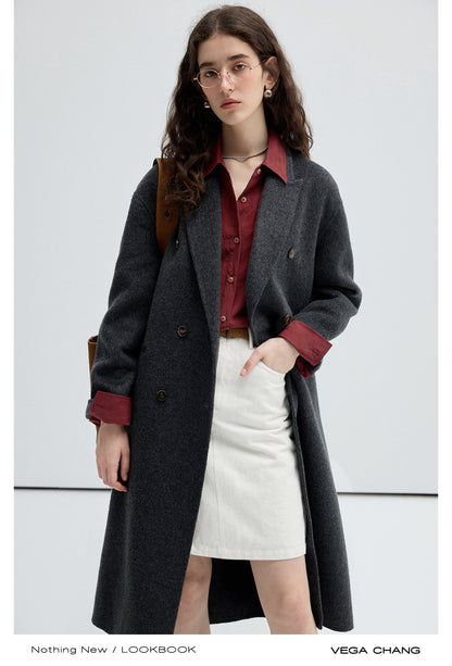 Wool Silk Blend Long Double-Breasted Coat