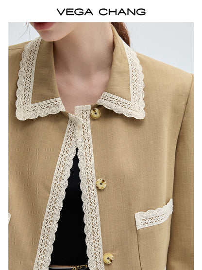 Woven Lace Trimmed Boxy Short Jacket