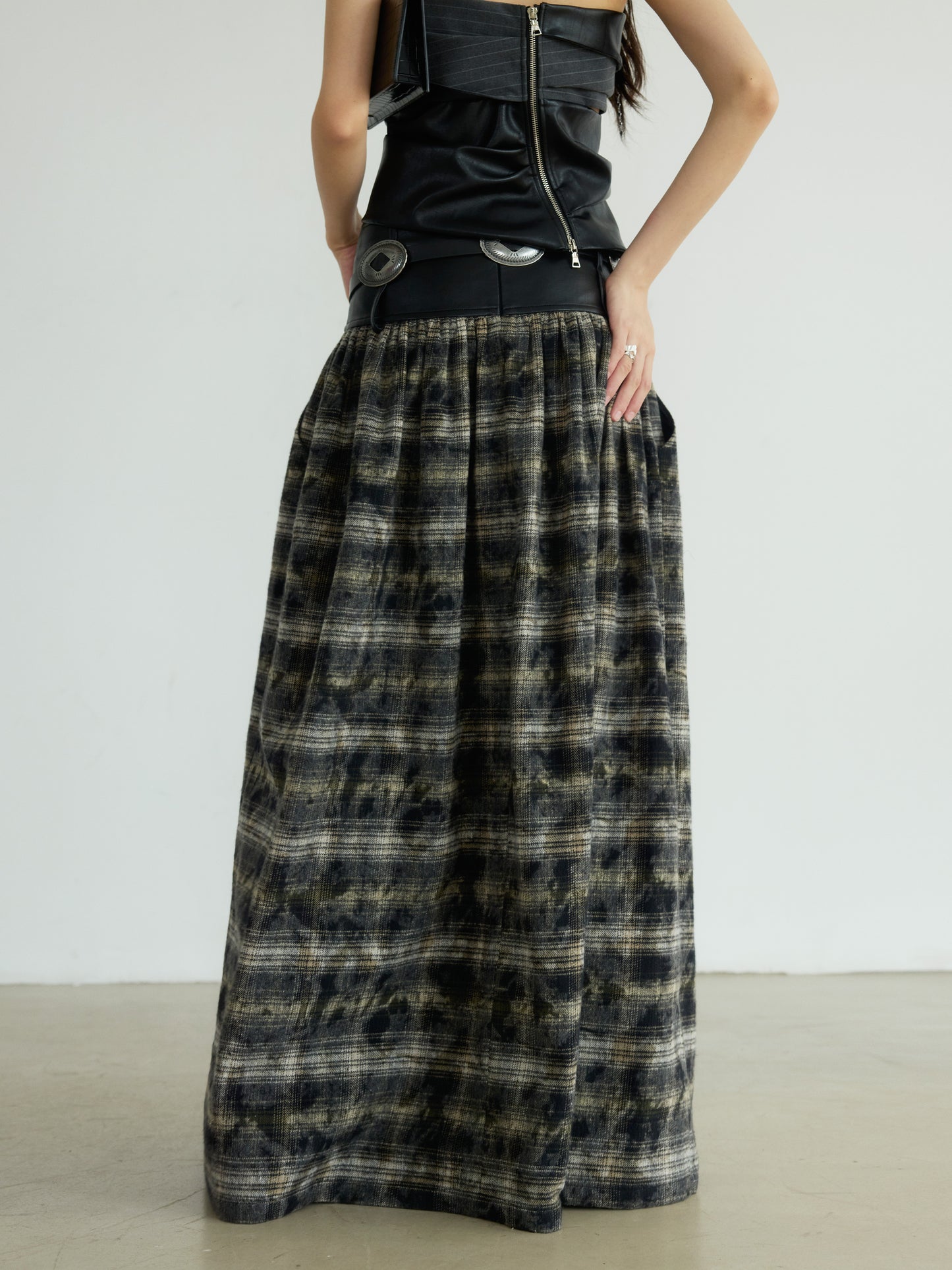 Plaid Long Skirt With Faux Leather Belted Waist