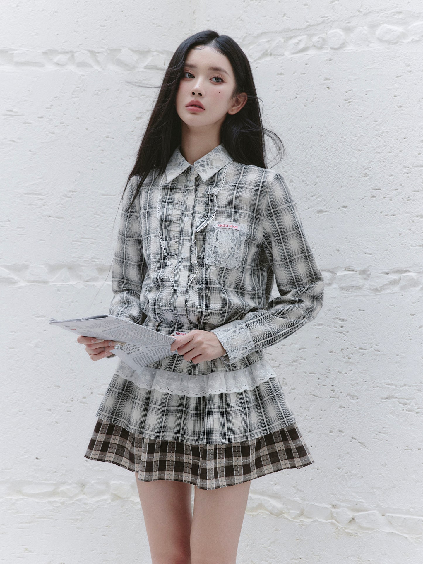 Plaid Frilled Cotton Shirt, Layered Mini Skirt