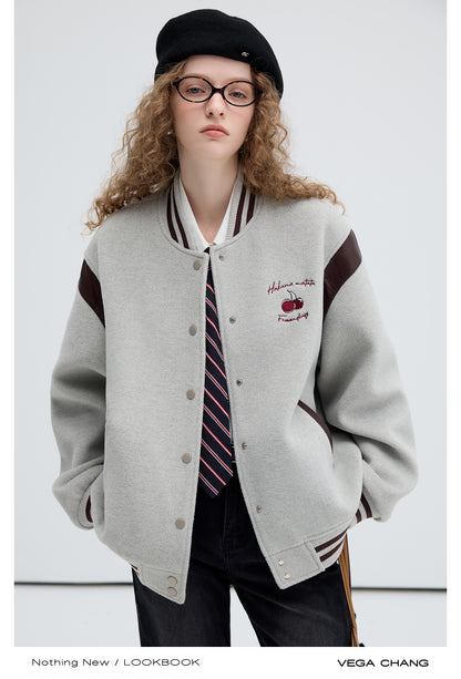 Cherry Embroidery Two-Tone Varsity Jacket