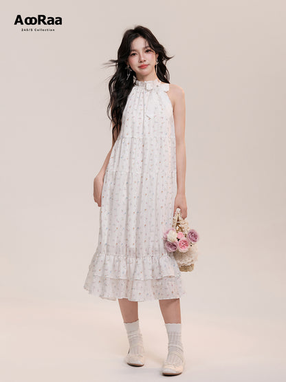 Floral Frill Neck Long Flowy Dress With Bow