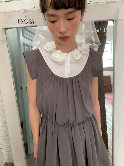 Decorative Flower Shirt Neck Short Chiffon Dress