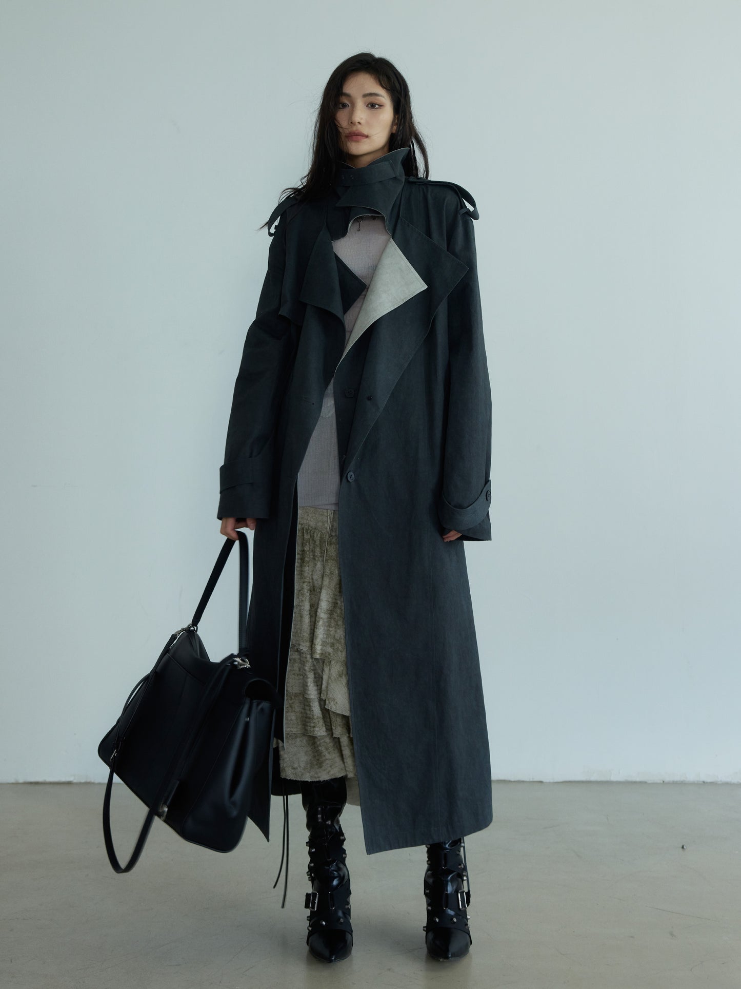 Two-Tone Belted Long Trench Coat