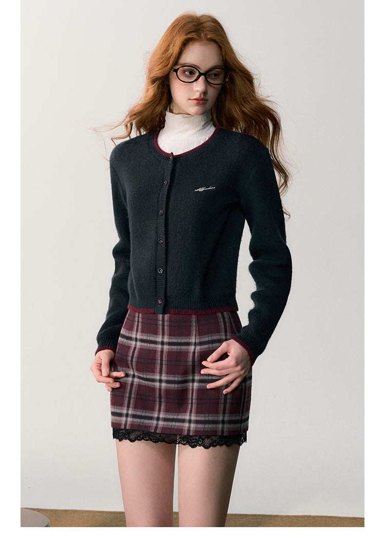 Lace-Trim Plaid Brushed Mini Skirt