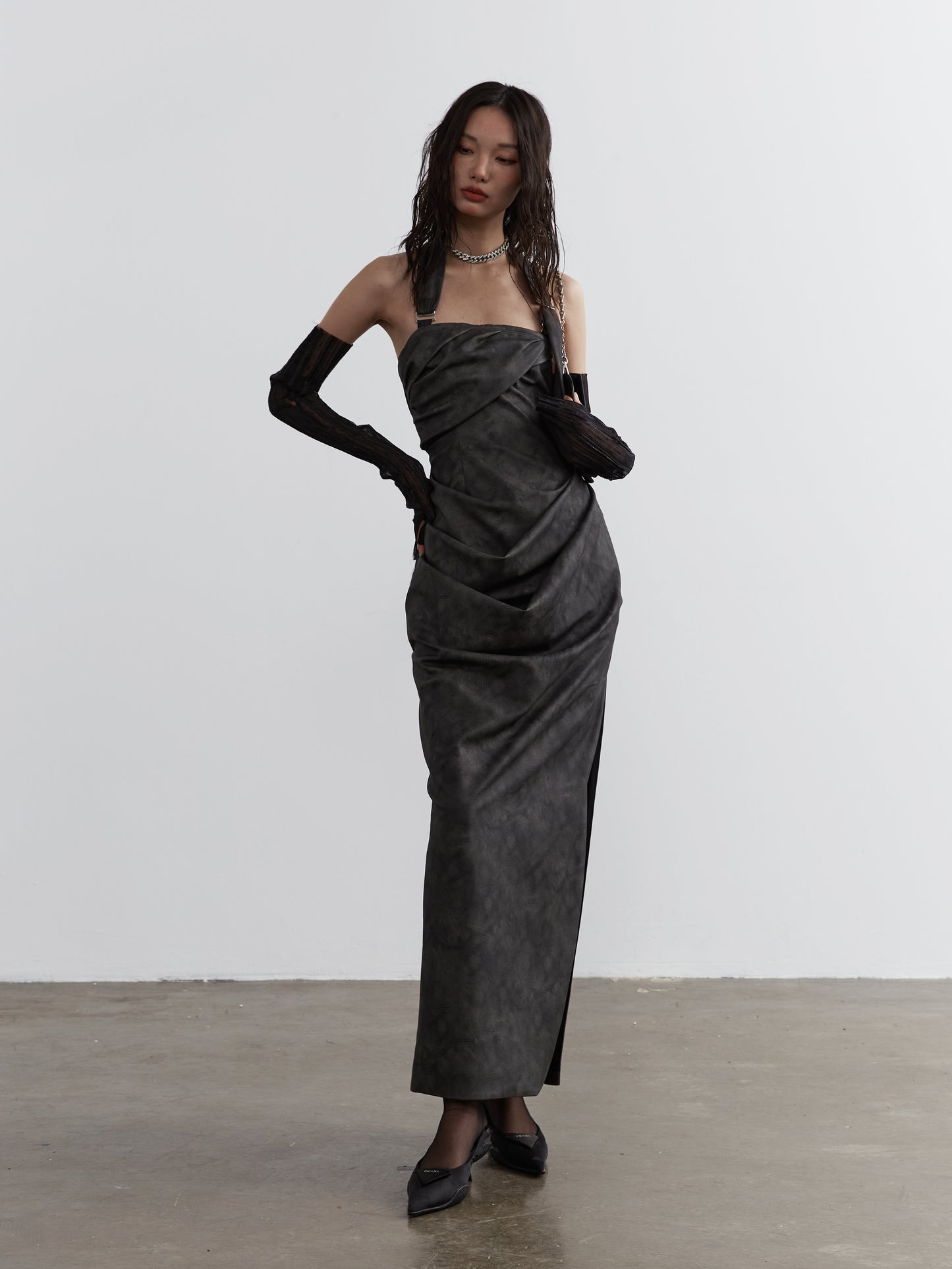 Sculptural Faux Leather Halter Tube Top Dress