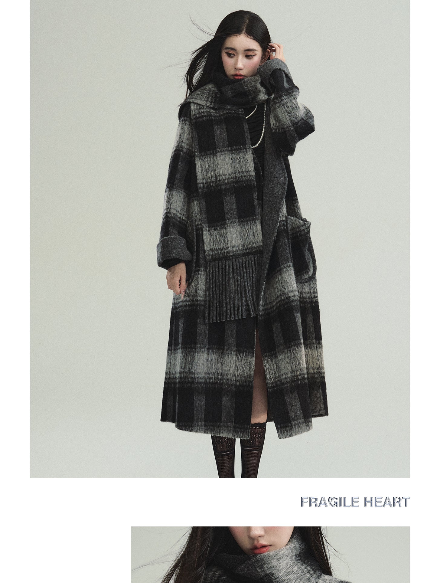 Plaid Collarless Wool Tweed Long Coat