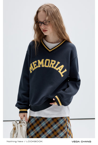 Letter Print Varsity V-Neck Sweatshirt