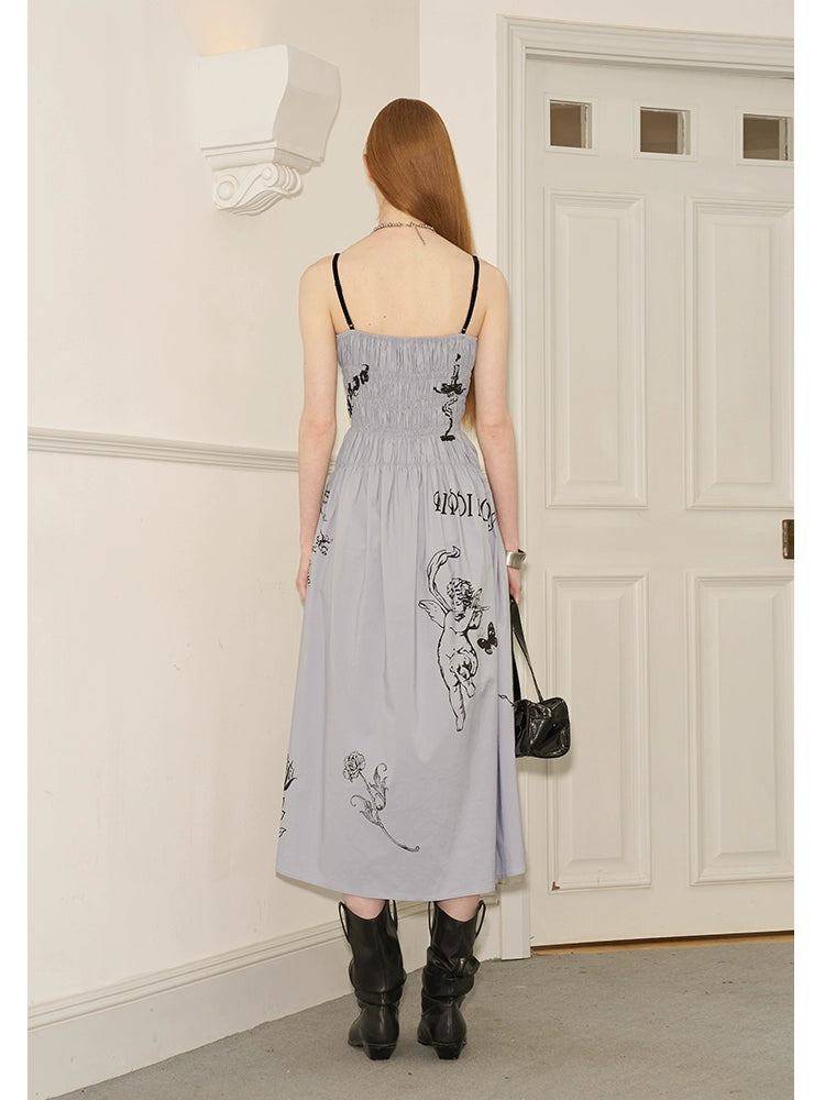 Gothic Print Flared Long Camisole Dress With Shirring