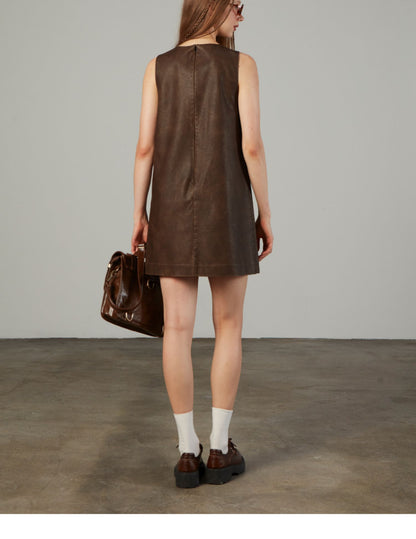 Washed Faux Leather Sleeveless Mini Dress