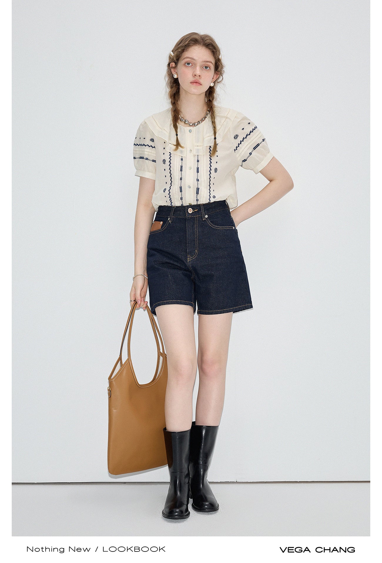 Embroidered Blouse And High Waist Denim Shorts