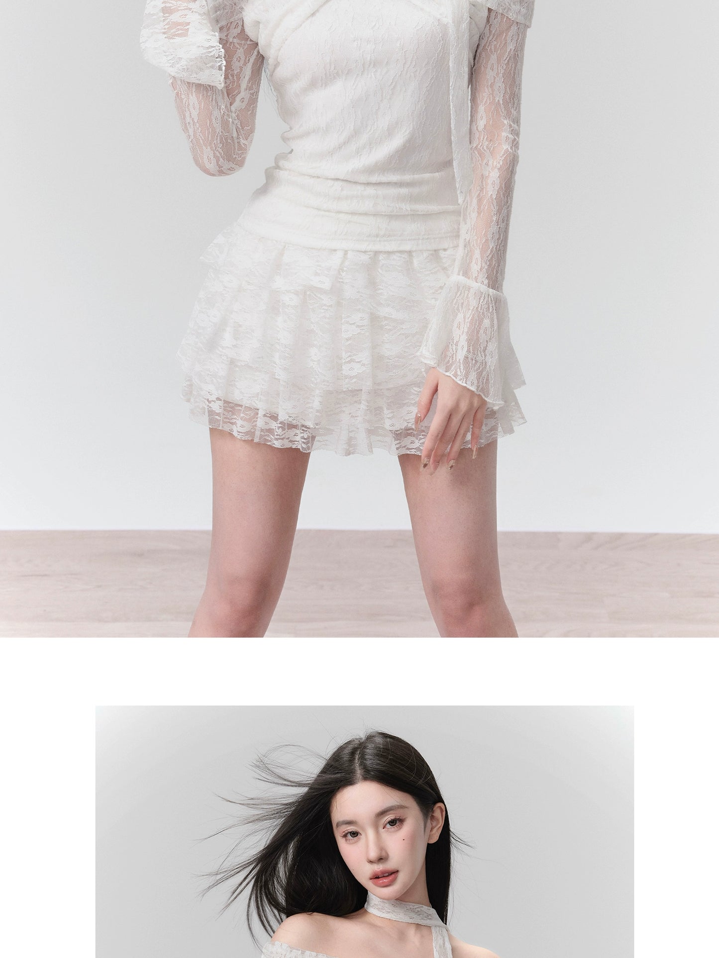 Lace Flared Cuff Top And Ruffled Mini Skirt With Neck Tie