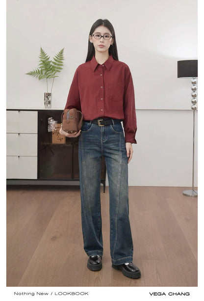 High Waisted Bias Seam Washed Straight Jeans