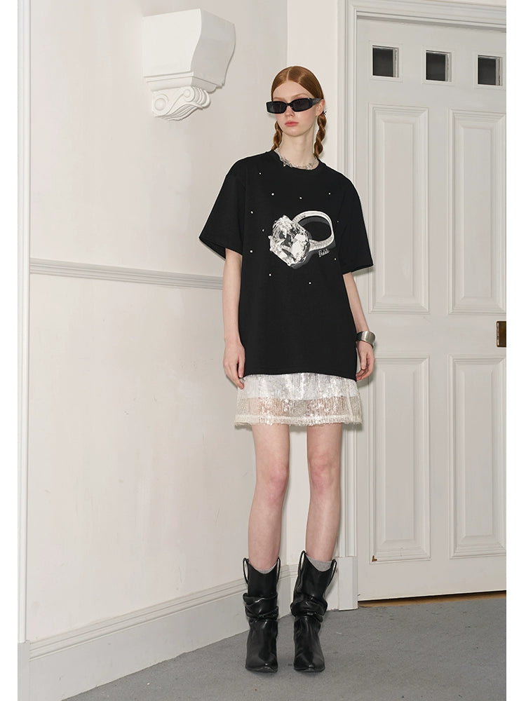 Oversized Diamond Ring Print Cotton T-Shirt With Rhinestones