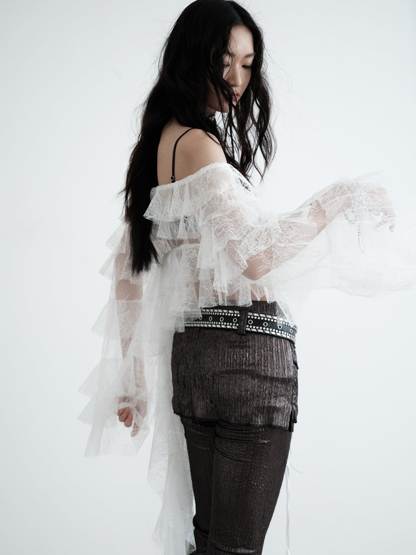 Asymmetric Hem Ruffled Sheer Lace Blouse