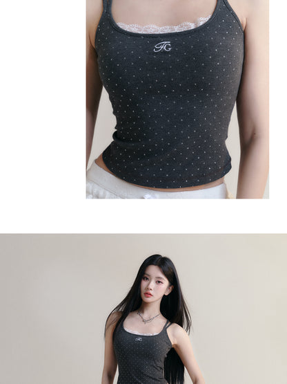 Dotted Cross Strap Lace Trimmed Crop Cami Top