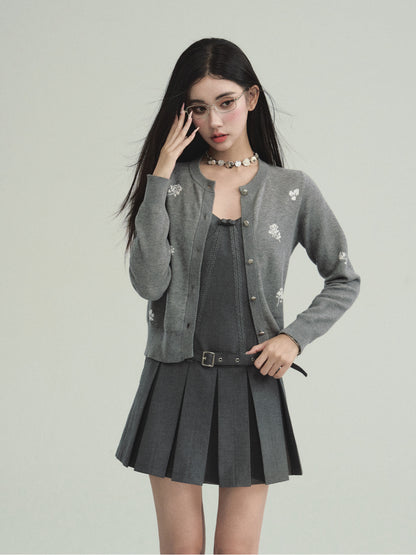 Ribbed Waist Short Length Rose Cardigan