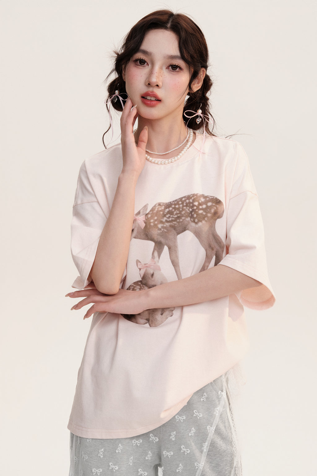 Oversized Deer Print Round Neck Cotton T-Shirt