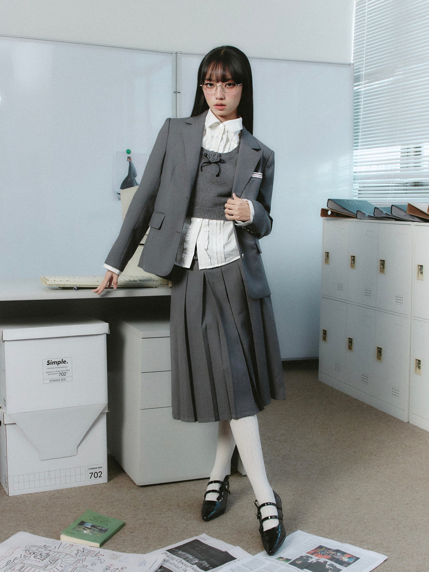 College Style Suit Shirt, Blazer, And Skirt