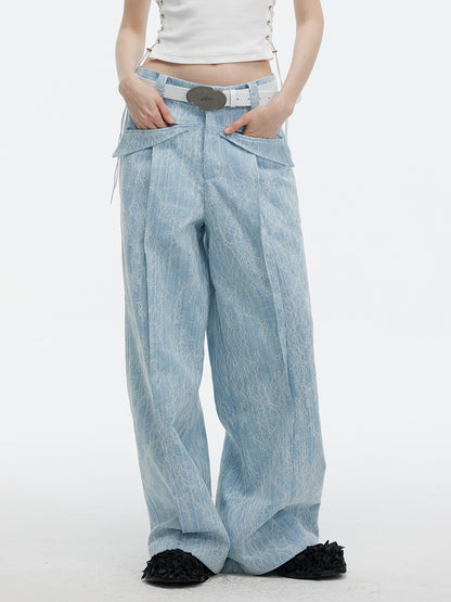 Low Waist Patterned Lace Pintuck Wide Leg Jeans