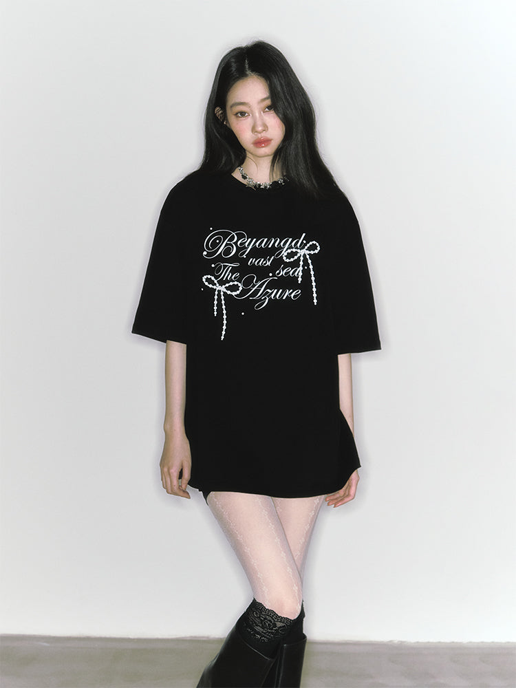 Bow Motif Oversized Letter Print T-Shirt