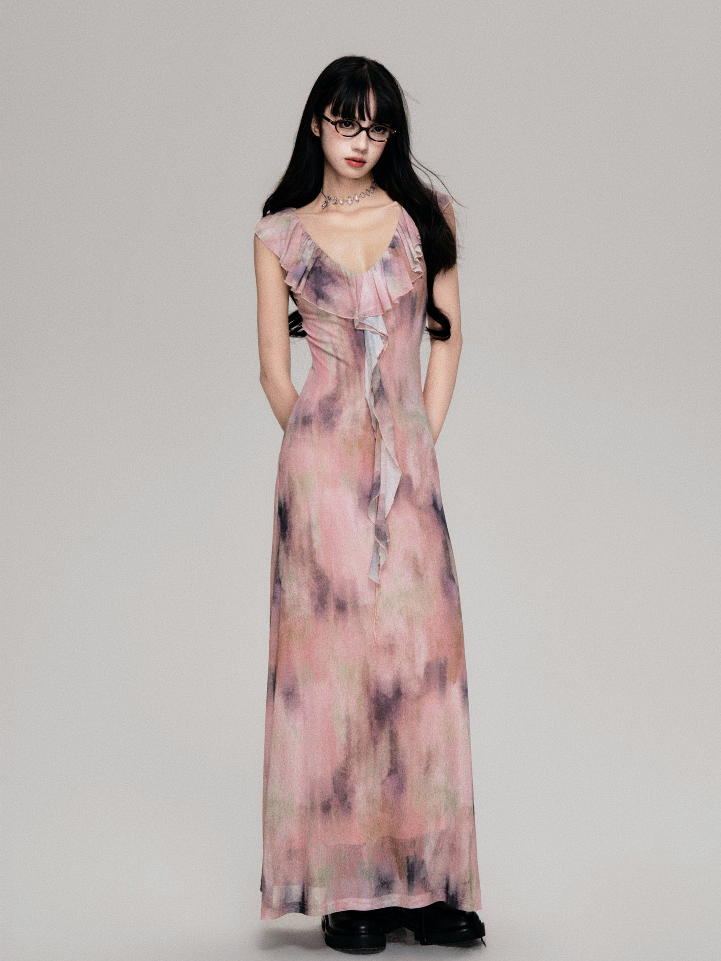 Smudge Print Wood Ear Edge V-Neck Mesh Long Dress