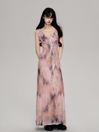 Smudge Print Wood Ear Edge V-Neck Mesh Long Dress