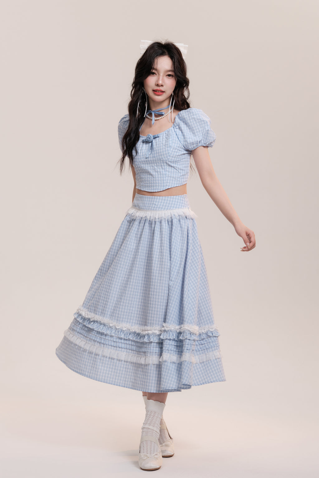 Rose Checkered Puff Sleeve Top And Frilled Skirt