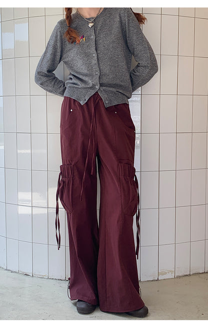 Drawstring Hem Cargo Pants With Oversized Pockets